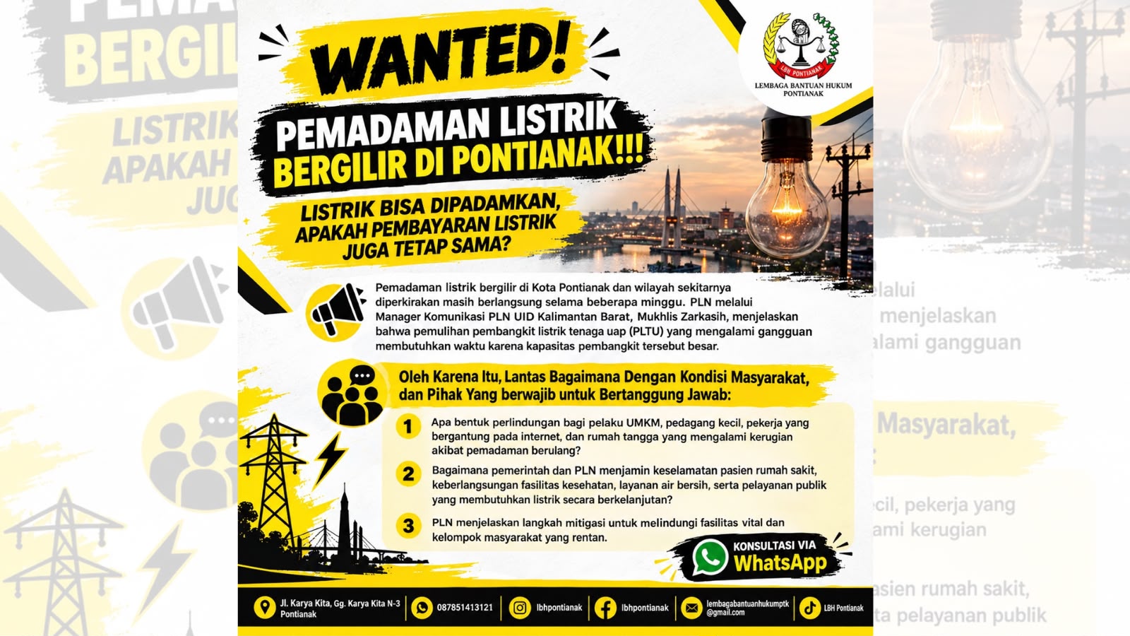 Wanted! Pemadaman Listrik Bergilir di Pontianak!
